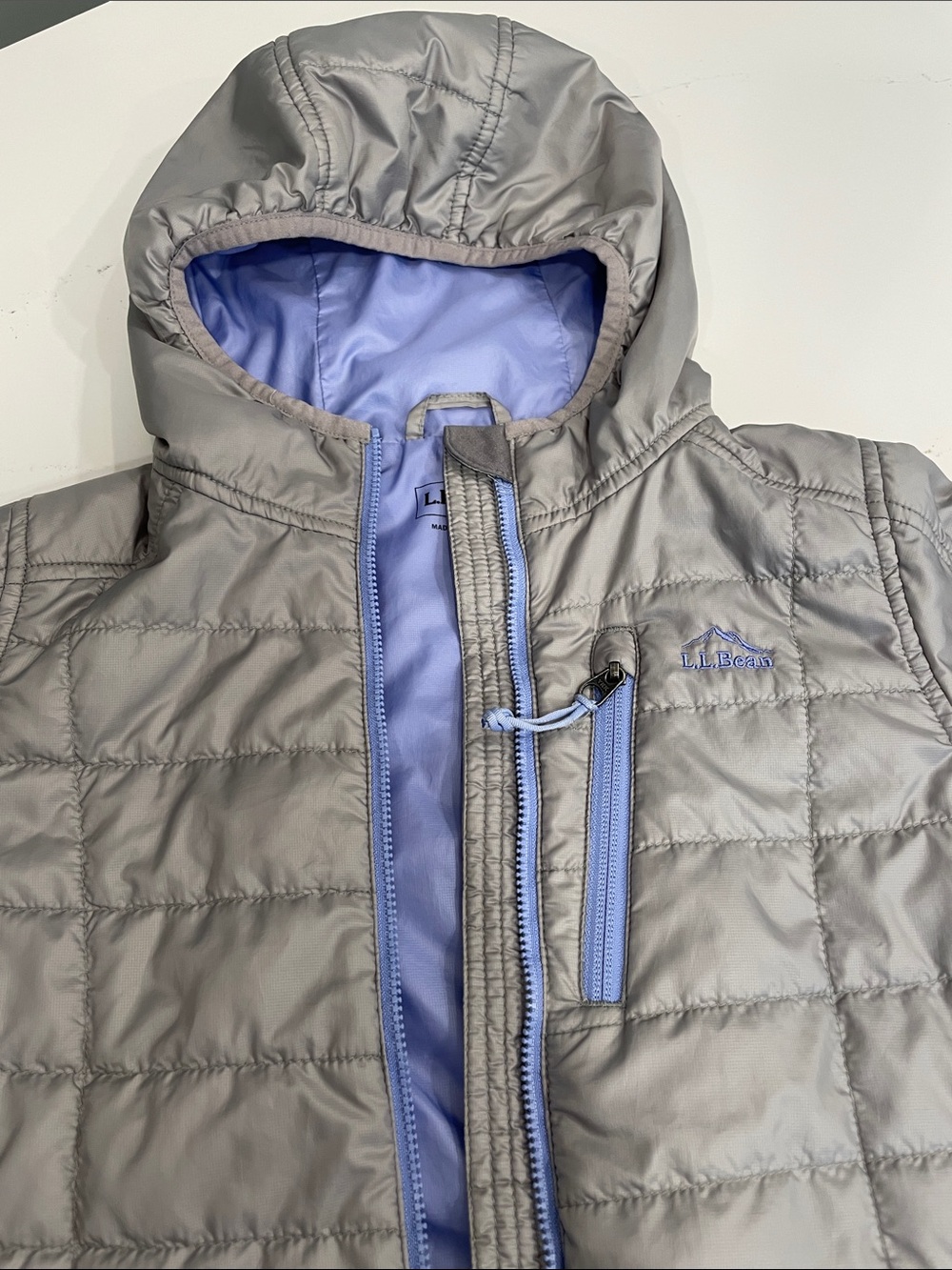 L.L. Bean Kids' Hooded Puffer Jacket in Light Gray with Lavender Trim